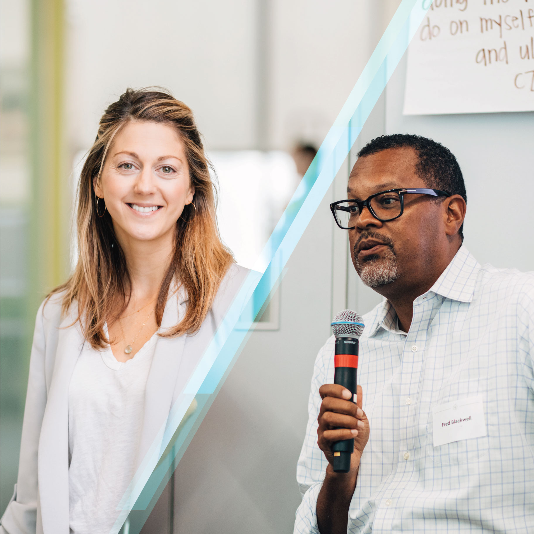 Portraits of Caitlyn Fox, Chan Zuckerberg Initiative, and Fred Blackwell, San Francisco Foundation