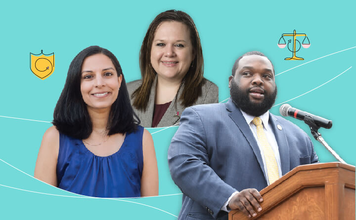 Photos of Nila Bala, Tarra Simmons and Rep. Jordan A. Harris