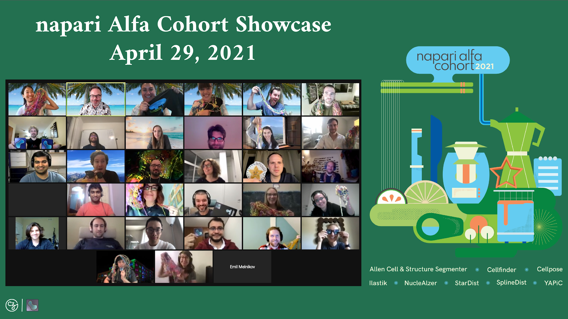A screenshot of meeting attendees on Zoom smiling and posing with various props.