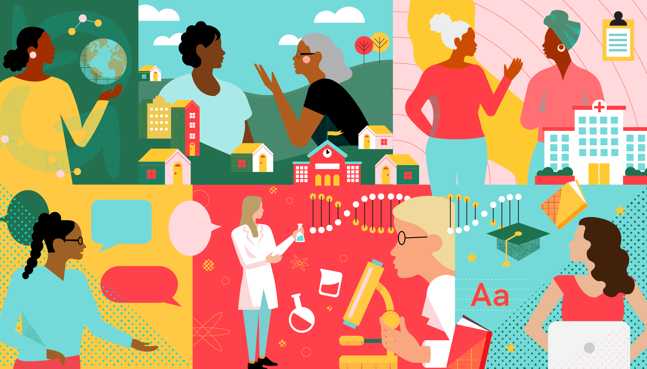 A collection of colorful illustrations of women working.