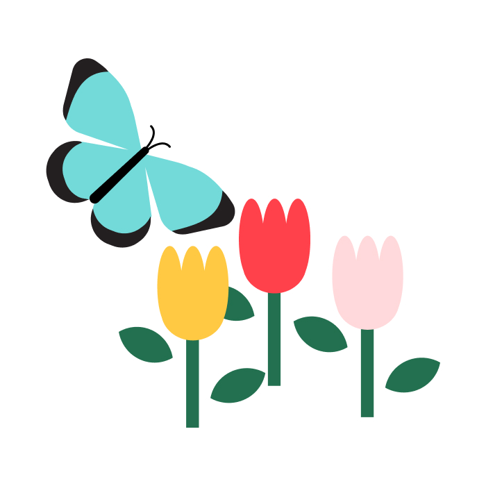 A light blue and black butterfly flying above three tulip flowers — one yellow, one red, and one light pink — with green stems and leaves.